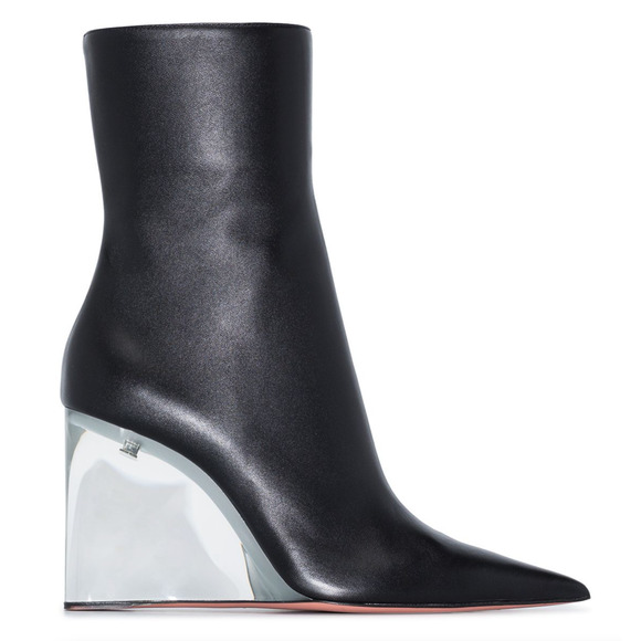 Amina Muaddi Pernille Half Glass Black Leather Clear Wedge Heel Ankle Boot 38.5 - Picture 2 of 13